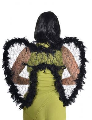 Large Sheer Black Lace Wings with Fluffy Black Feather Trim - Back Image