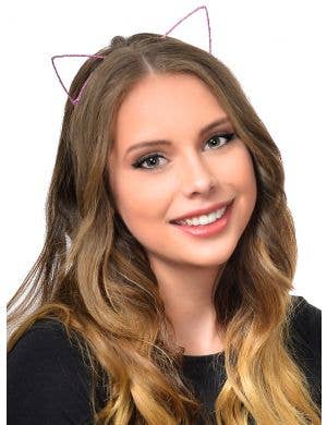 Pink Ribbon Wrapped Wire Cat Ears on Costume Headband