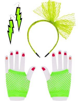 Neon Green 80s Gloves, Headband and Earrings Accessory Set