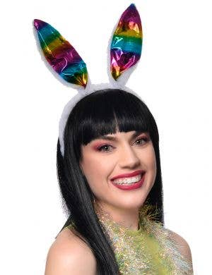 Adult Rainbow Plush Bunny Ears Headband Tail Pride Halloween Costume Accessory 