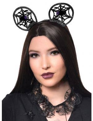 Black Glitter Spider Web and Spider Round Ears Costume Headband