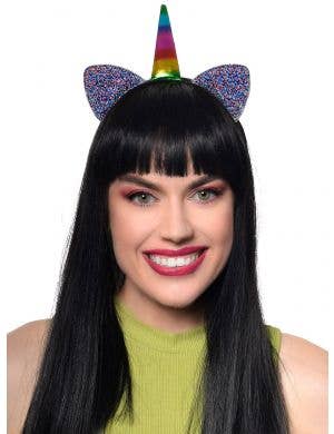 Image of Rainbow Unicorn Horn Headband with Rainbow Glitter Ears