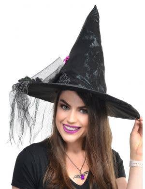 Elaborate Deluxe Black Witch Hat with Veil and Roses
