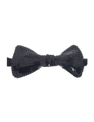 Large Black Stiffened Sequined Bow Tie On Elastic Costume Accessory View 1