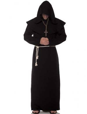 Mens Black Hooded Robe Fancy Dress Costume - Main Image
