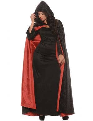 Hooded Black Velvet Cloak with Red Satin Lining - Main Image