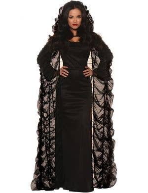 Ruched Black Tulle Women's Halloween Hooded Coffin Cape - Main Image