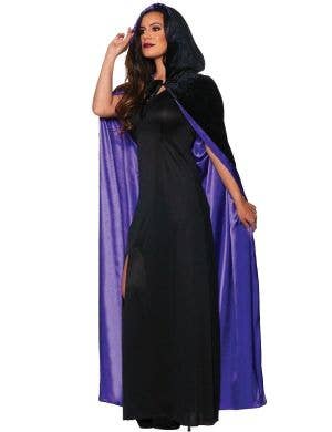 Image of Hooded Black and Purple Satin Womens Costume Cape