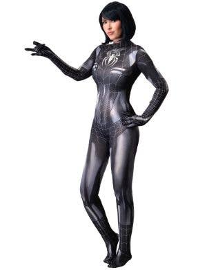 Image of Front of Spider Womens Sexy Black Superhero Costume. | Heaven Costumes