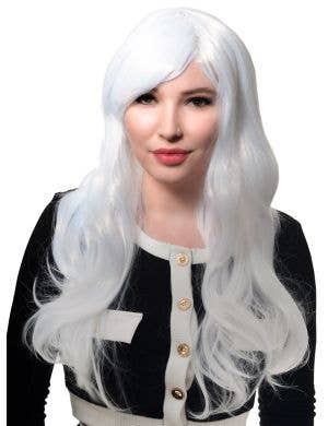 Image of Deluxe Long White Curly Women's Costume Wig with Side Fringe - Front View