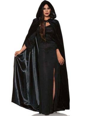 Image of Hooded Black Satin Lined Womens Halloween Costume Cape