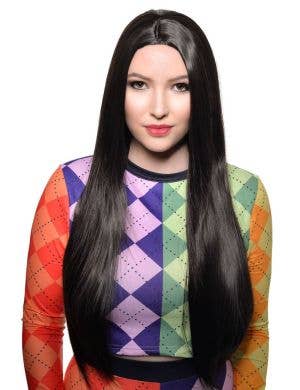 Image of Sleek Long Straight Near Black Women's Costume Wig with Skin Part - Front Image