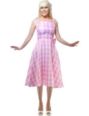 Image of Lace Up Womens Pink Gingham Barbie Costume - Front View