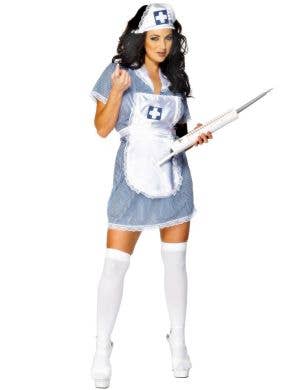 Image of Stripy Blue Naughty Nurse Women's Costume - Main Image