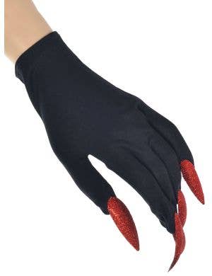Image of Wrist Length Black Witch Costume Gloves with Red Glitter Nails