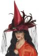 Blood Red Satin Witch Hat with Black Net and Hanging Spider Details