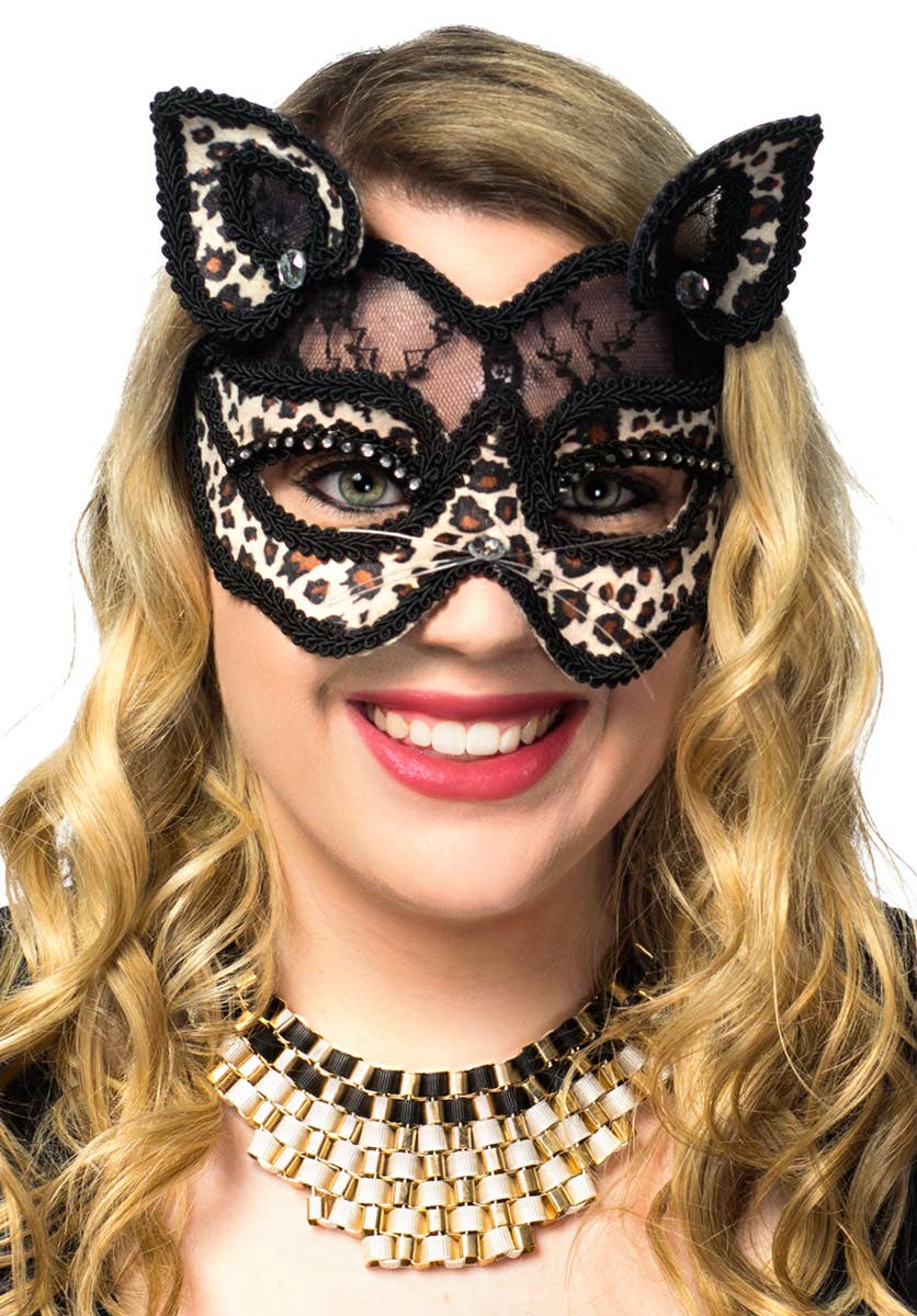 Black Lace Leopard Print Velvet Luxury Cat Face Masquerade Mask By